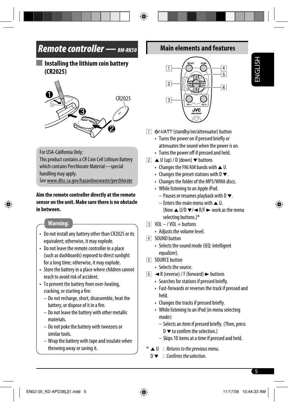 Remote controller | JVC KD-APD38 User Manual | Page 5 / 172