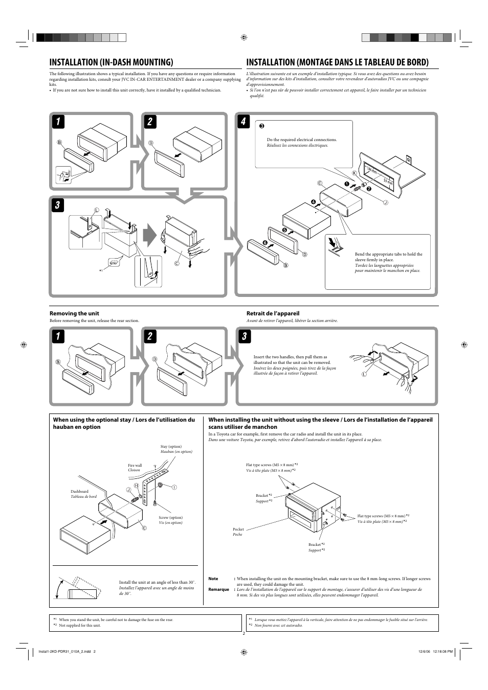 Installation, Removing the unit, Installation (in-dash mounting) | Installation (montage dans le tableau de bord) | JVC KD-APD38 User Manual | Page 56 / 172