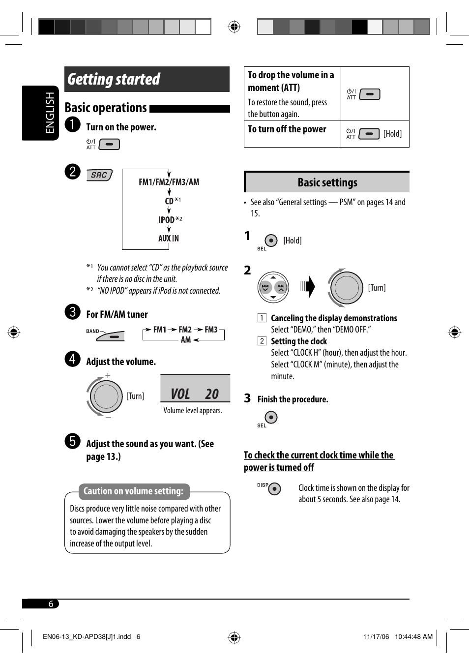 Getting started, Vol 20, Basic operations | JVC KD-APD38 User Manual | Page 6 / 172