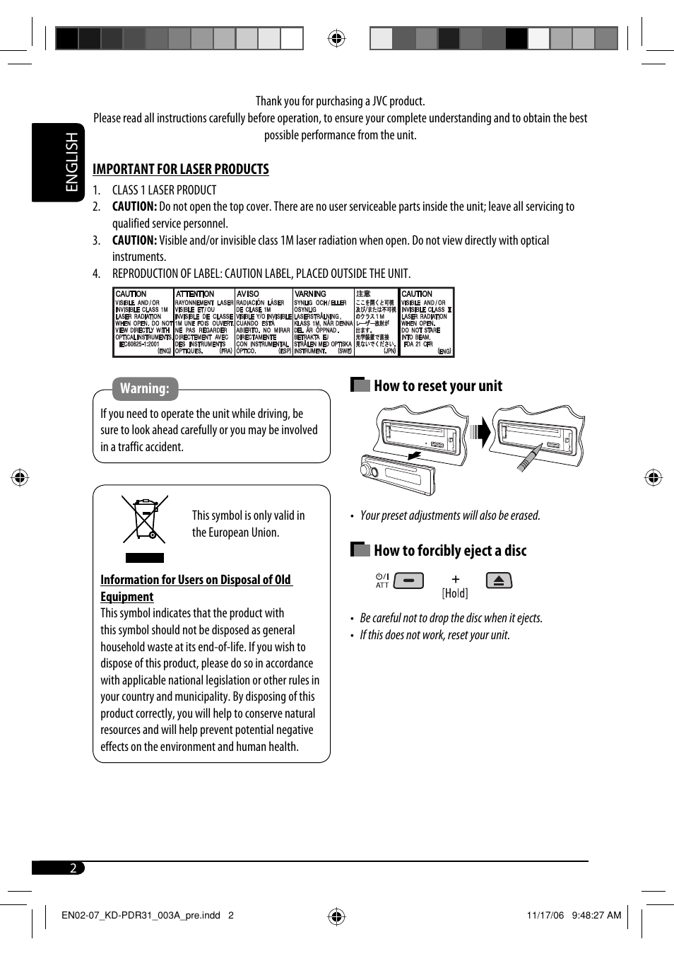 Important for laser products | JVC KD-APD38 User Manual | Page 60 / 172