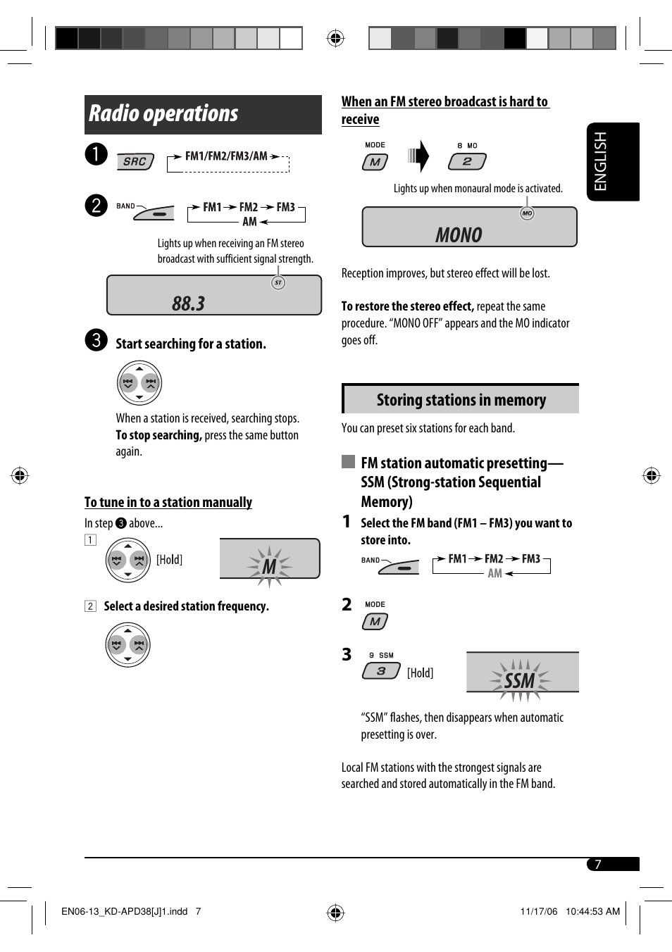 Radio operations, 3 m mono ssm | JVC KD-APD38 User Manual | Page 7 / 172
