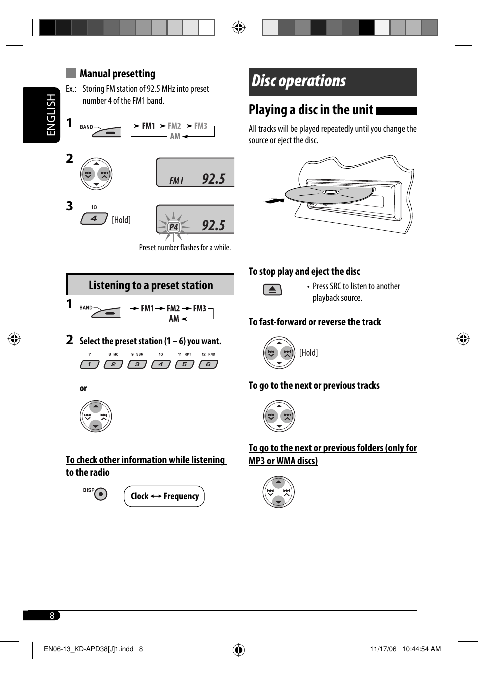 Disc operations, Playing a disc in the unit | JVC KD-APD38 User Manual | Page 8 / 172