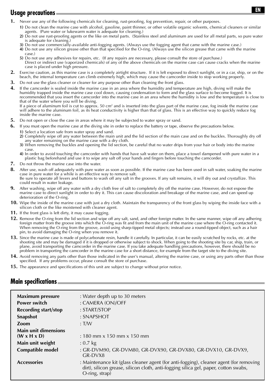 Usage precautions, Main specifications | JVC MARINE CASE GR-DVX80 User Manual | Page 2 / 2