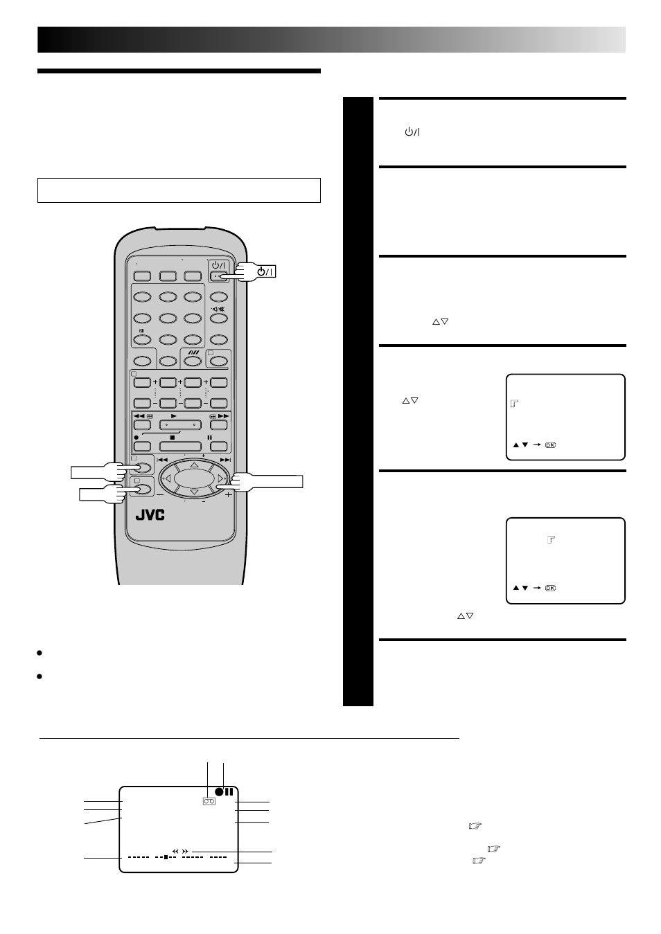 On-screen displays, Turn on the recorder, Access main menu screen | Access function set screen, Access o.s.d. screen, Enable/disable on-screen display, Return to normal | JVC HR-J241MS User Manual | Page 9 / 34