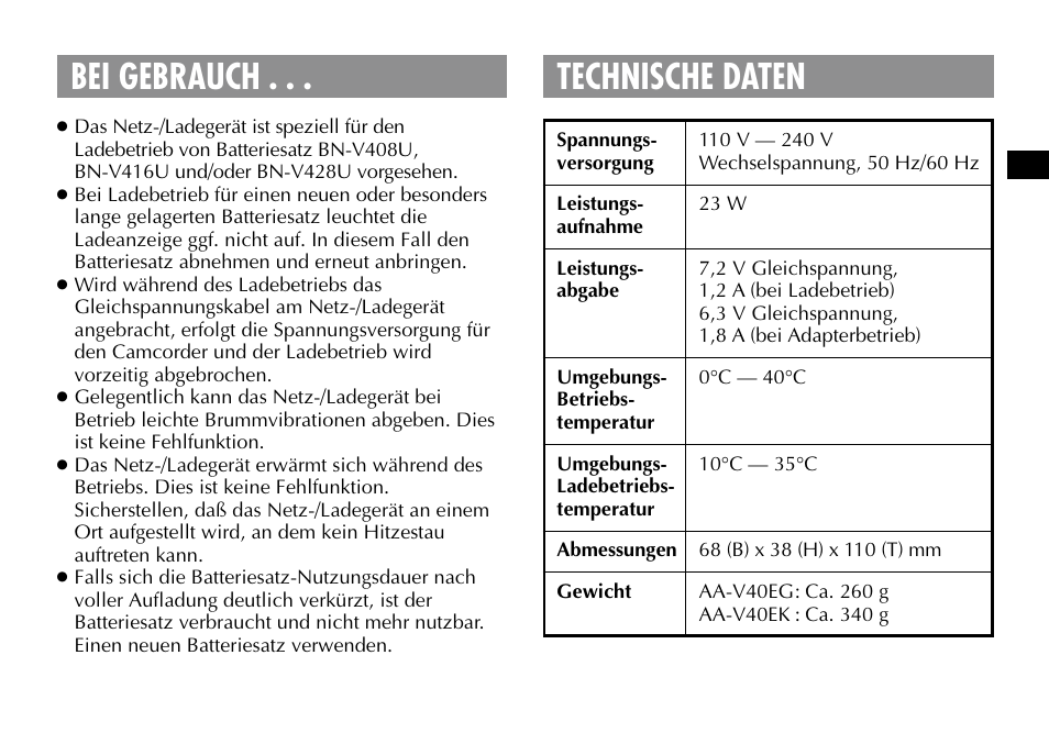 Bei gebrauch . . . technische daten | JVC AA-V40EG User Manual | Page 13 / 88