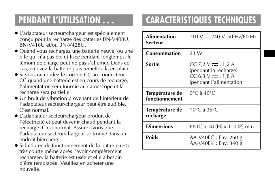 Caracteristiques techniques, Pendant l’utilisation | JVC AA-V40EG User Manual | Page 19 / 88