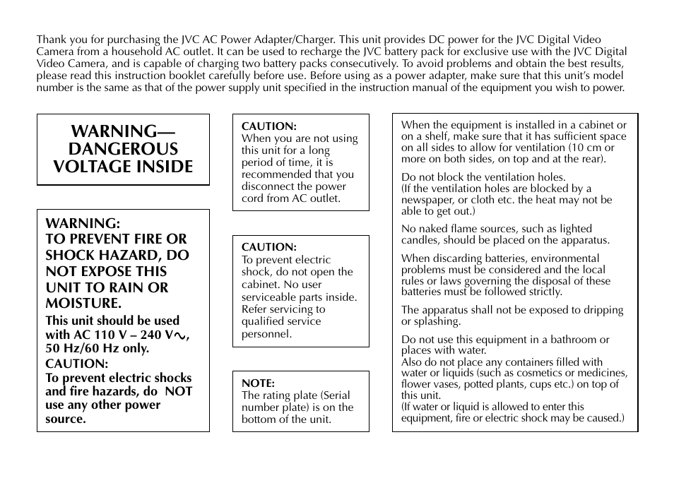 Warning— dangerous voltage inside | JVC AA-V40EG User Manual | Page 2 / 88