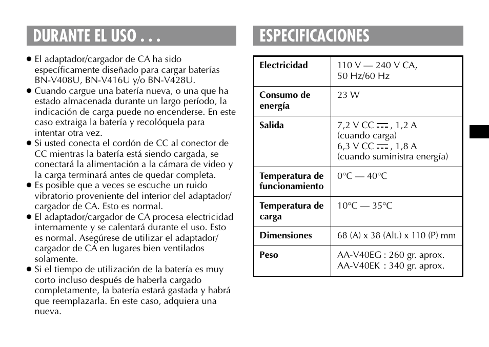 Durante el uso . . . especificaciones | JVC AA-V40EG User Manual | Page 31 / 88