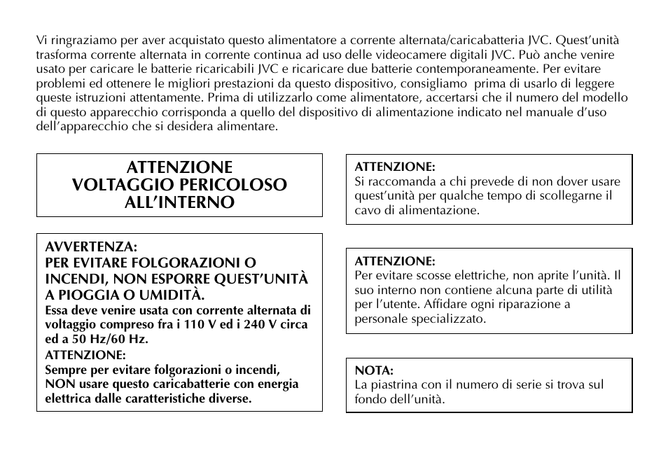 Attenzione voltaggio pericoloso all’interno | JVC AA-V40EG User Manual | Page 32 / 88