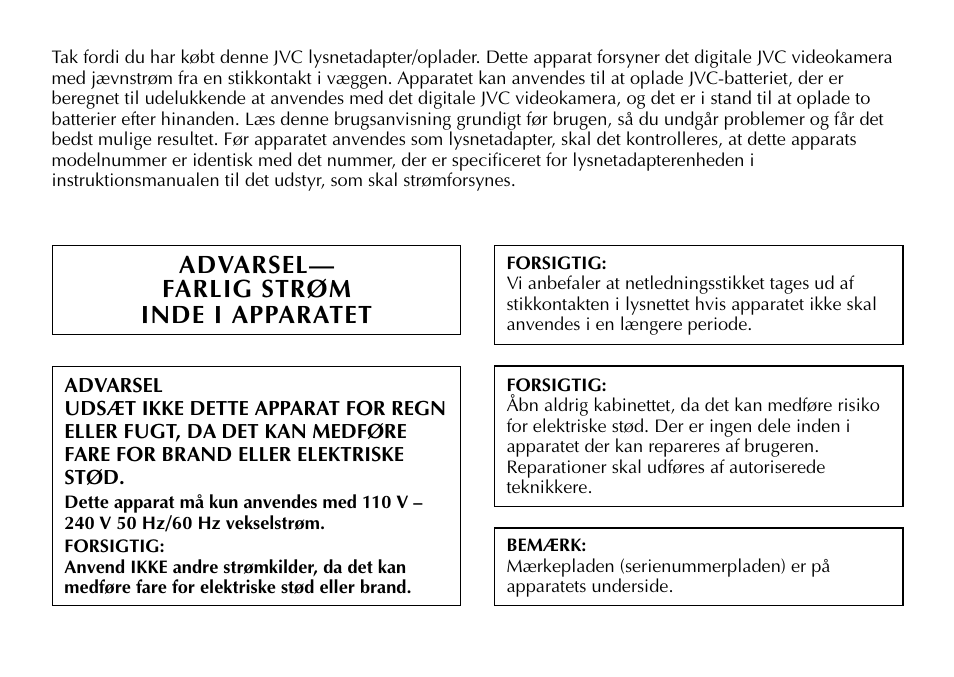 Advarsel— farlig strøm inde i apparatet | JVC AA-V40EG User Manual | Page 38 / 88