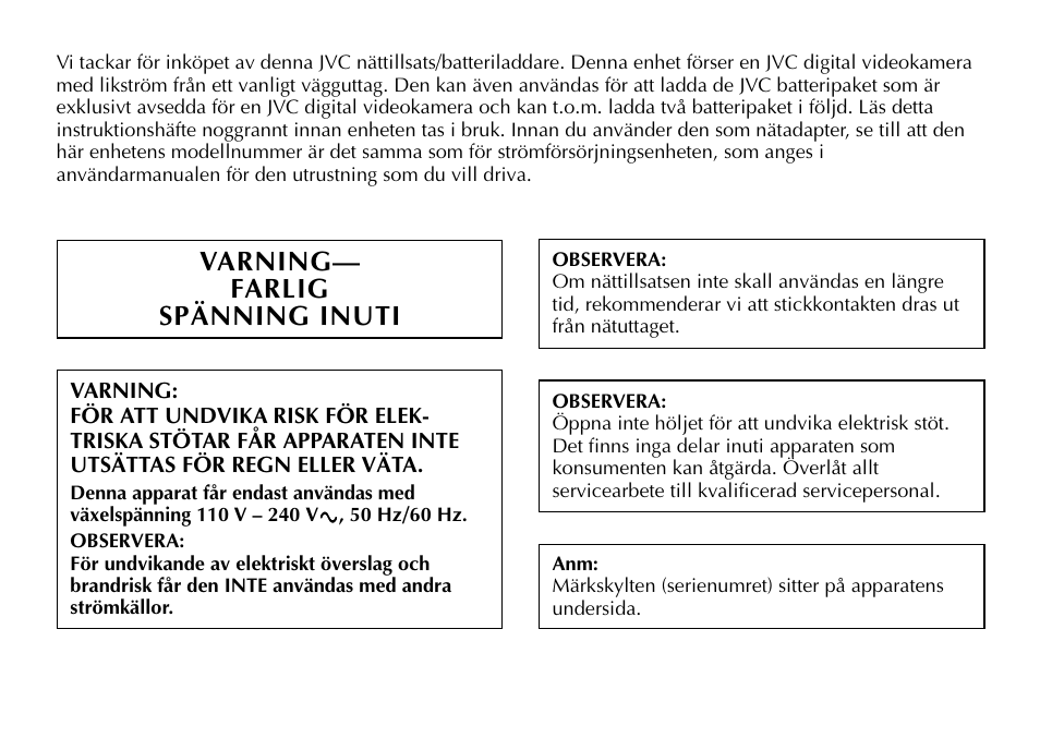 Varning— farlig spänning inuti | JVC AA-V40EG User Manual | Page 50 / 88