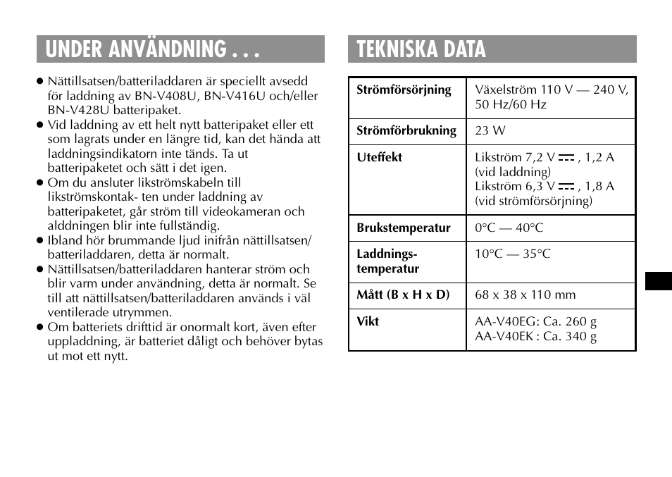 Under användning . . . tekniska data | JVC AA-V40EG User Manual | Page 55 / 88