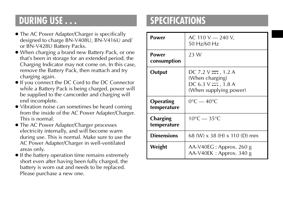 During use . . . specifications | JVC AA-V40EG User Manual | Page 7 / 88