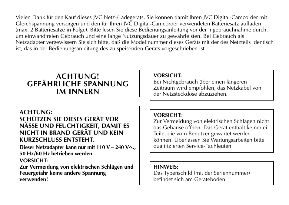 Achtung! gefährliche spannung im innern | JVC AA-V40EG User Manual | Page 8 / 88