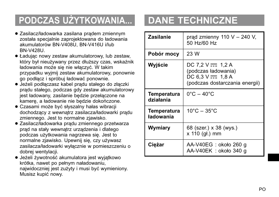 Podczas użytkowania... dane techniczne | JVC AA-V40EG User Manual | Page 81 / 88