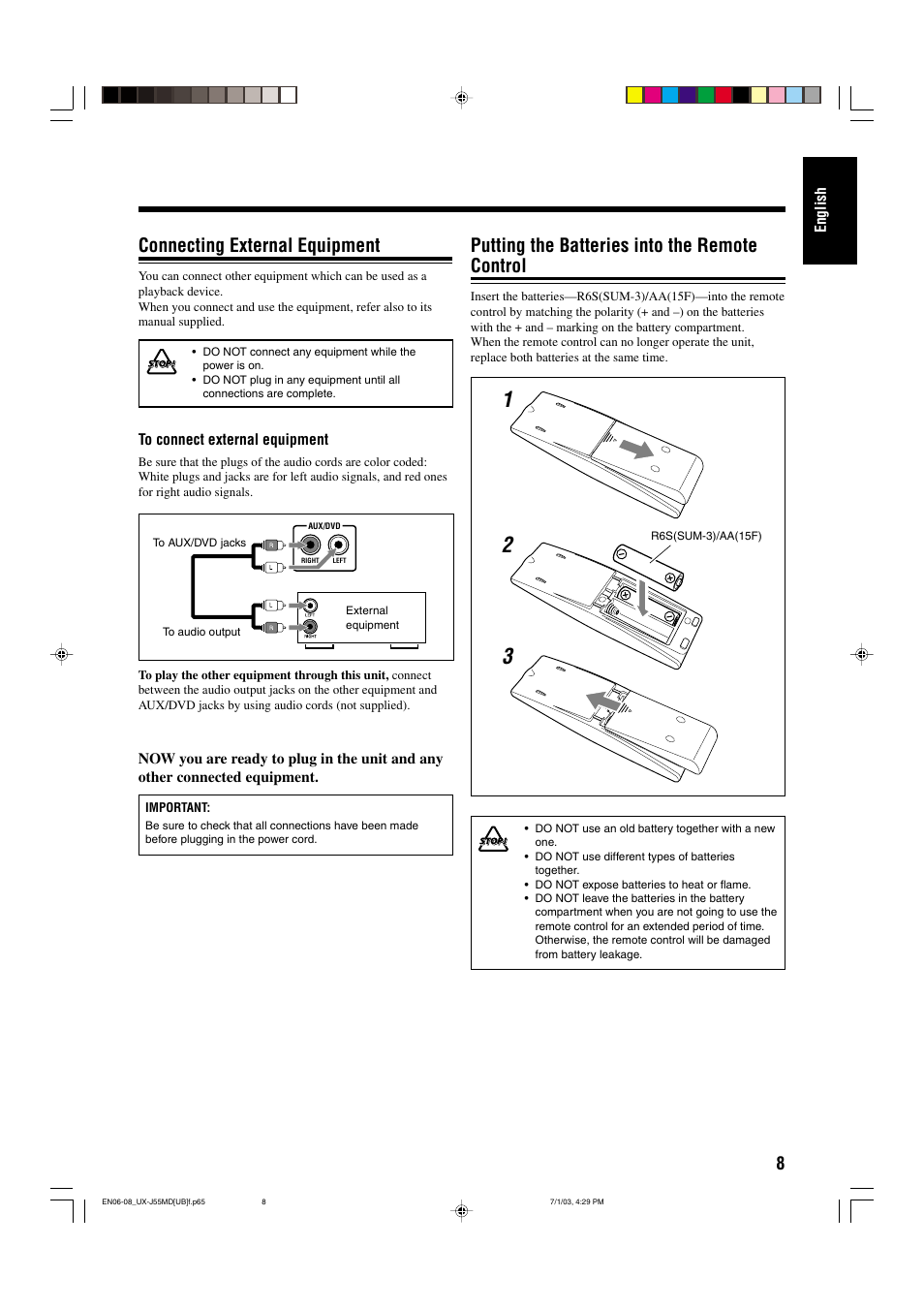 Connecting external equipment, Putting the batteries into the remote control | JVC 0803AIMMDWJEM User Manual | Page 11 / 68