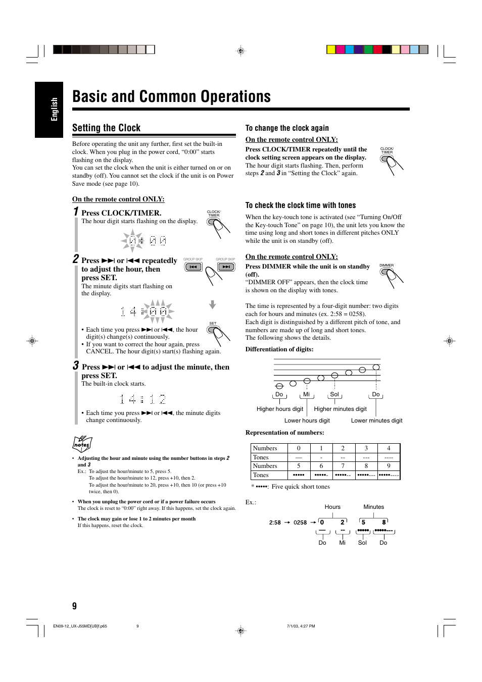 Basic and common operations, Setting the clock | JVC 0803AIMMDWJEM User Manual | Page 12 / 68