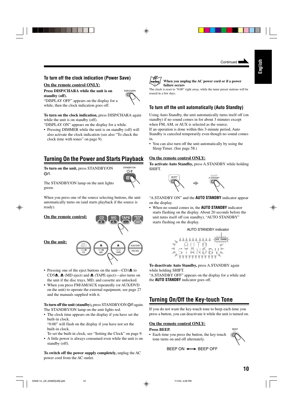 Turning on/off the key-touch tone, Turning on the power and starts playback, English | JVC 0803AIMMDWJEM User Manual | Page 13 / 68