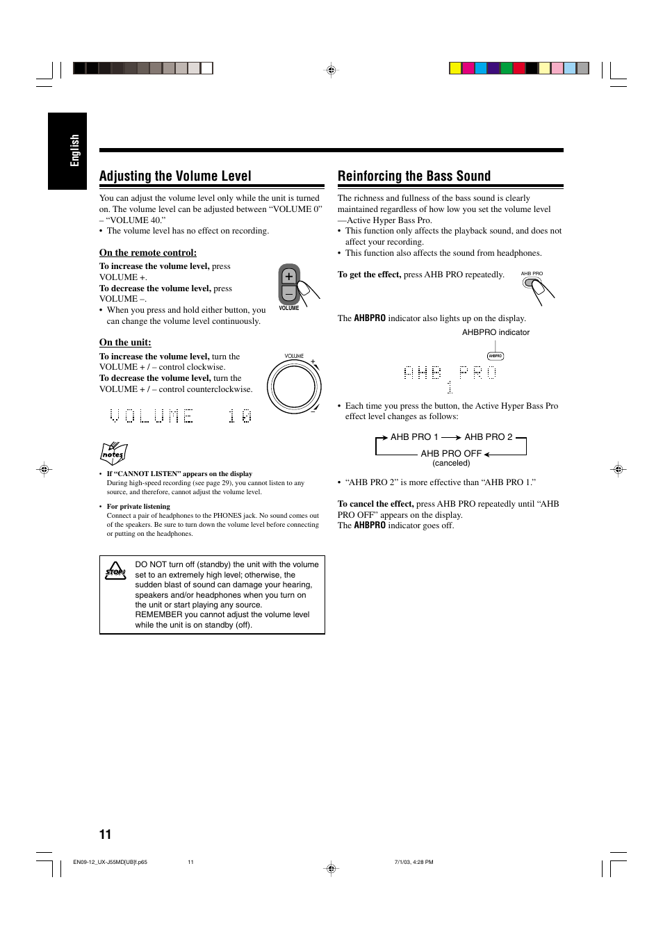 Reinforcing the bass sound, Adjusting the volume level | JVC 0803AIMMDWJEM User Manual | Page 14 / 68