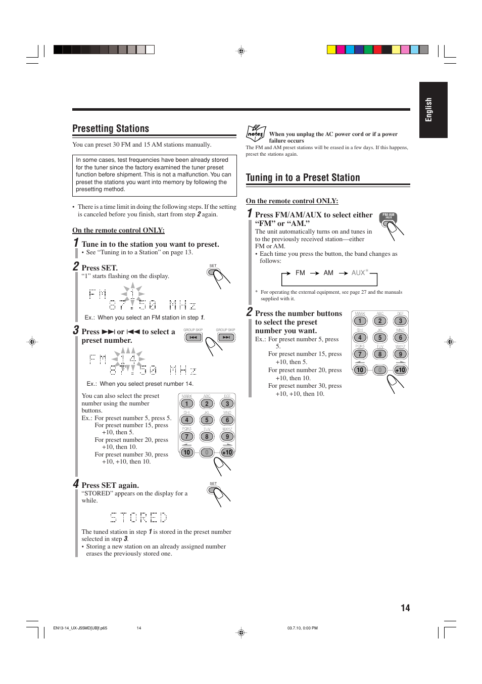 Presetting stations, Tuning in to a preset station | JVC 0803AIMMDWJEM User Manual | Page 17 / 68