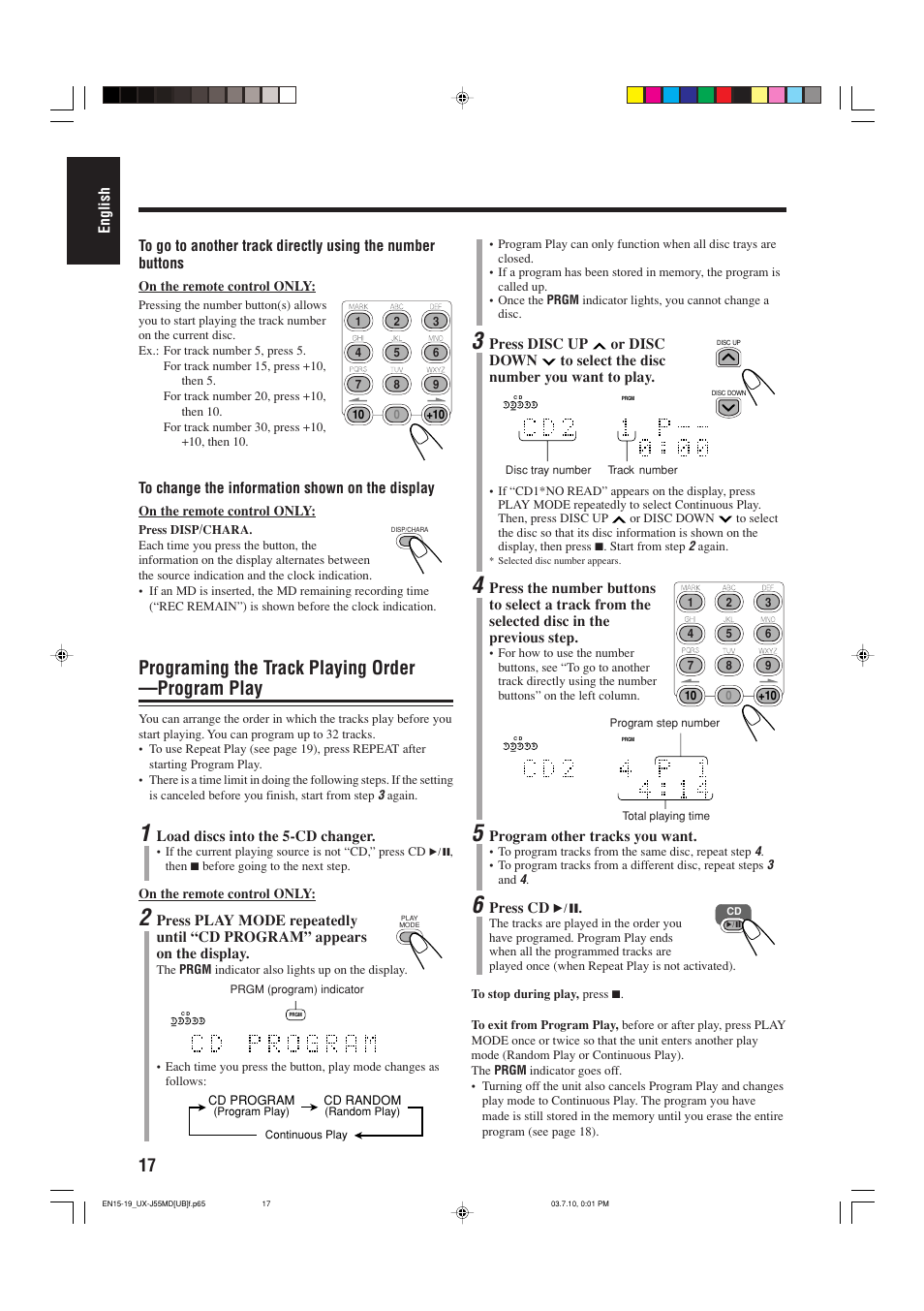 Programing the track playing order —program play | JVC 0803AIMMDWJEM User Manual | Page 20 / 68