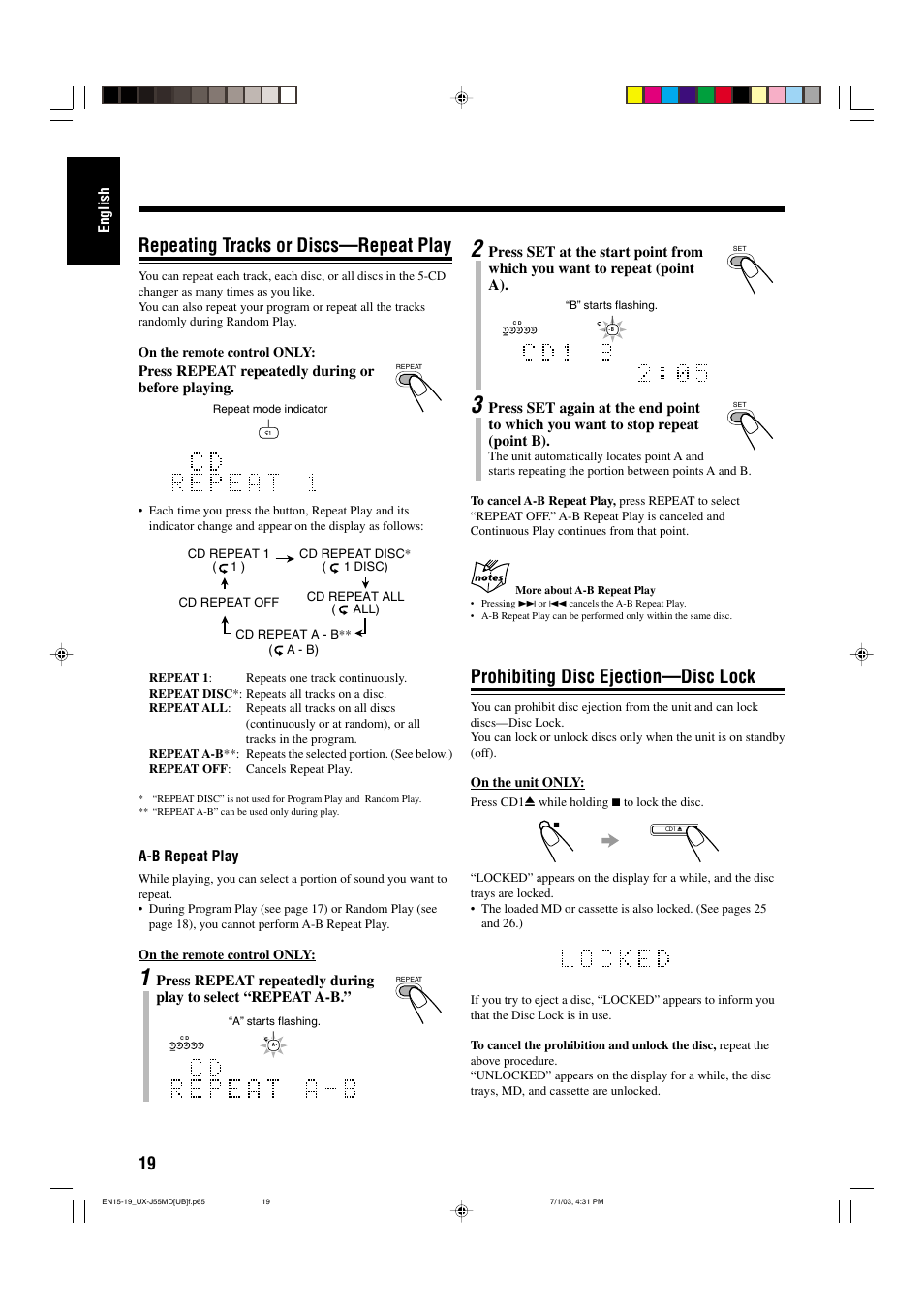 Prohibiting disc ejection—disc lock, Repeating tracks or discs—repeat play, English | Press repeat repeatedly during or before playing, A-b repeat play | JVC 0803AIMMDWJEM User Manual | Page 22 / 68