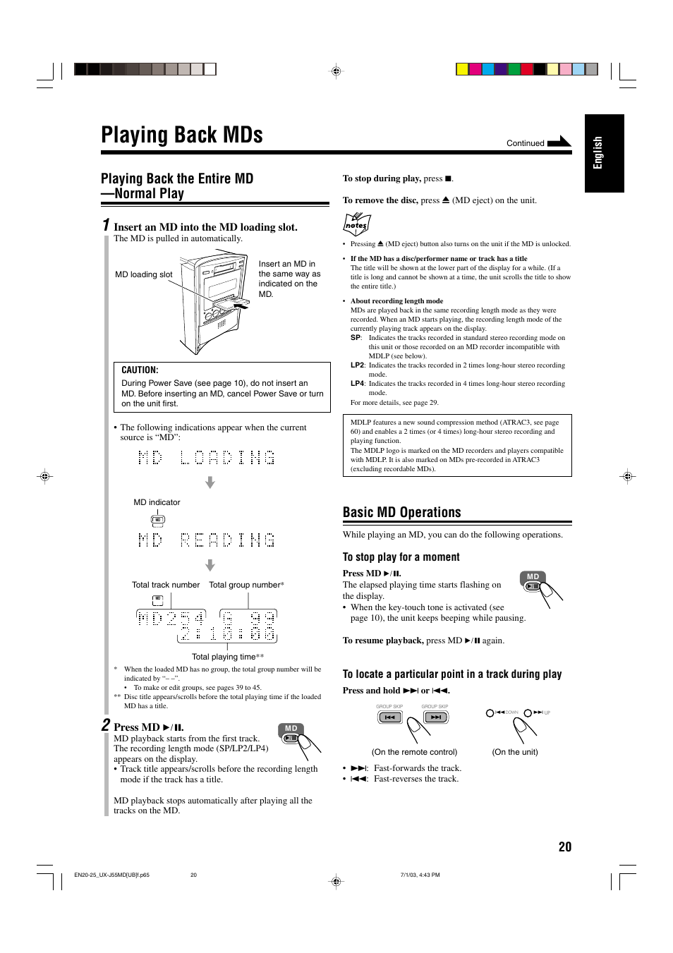 Playing back mds, Basic md operations, Playing back the entire md —normal play | JVC 0803AIMMDWJEM User Manual | Page 23 / 68