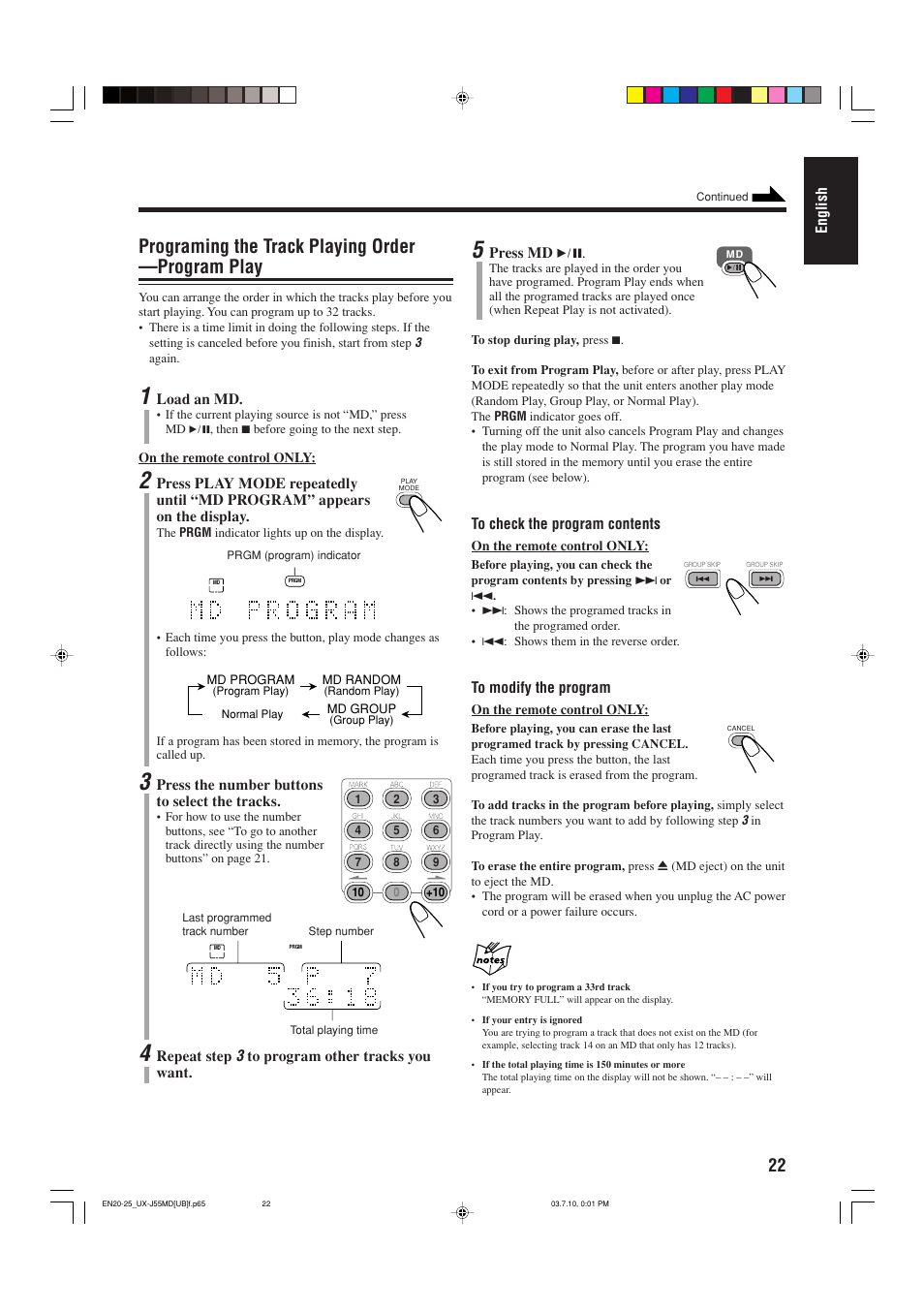 Programing the track playing order —program play | JVC 0803AIMMDWJEM User Manual | Page 25 / 68