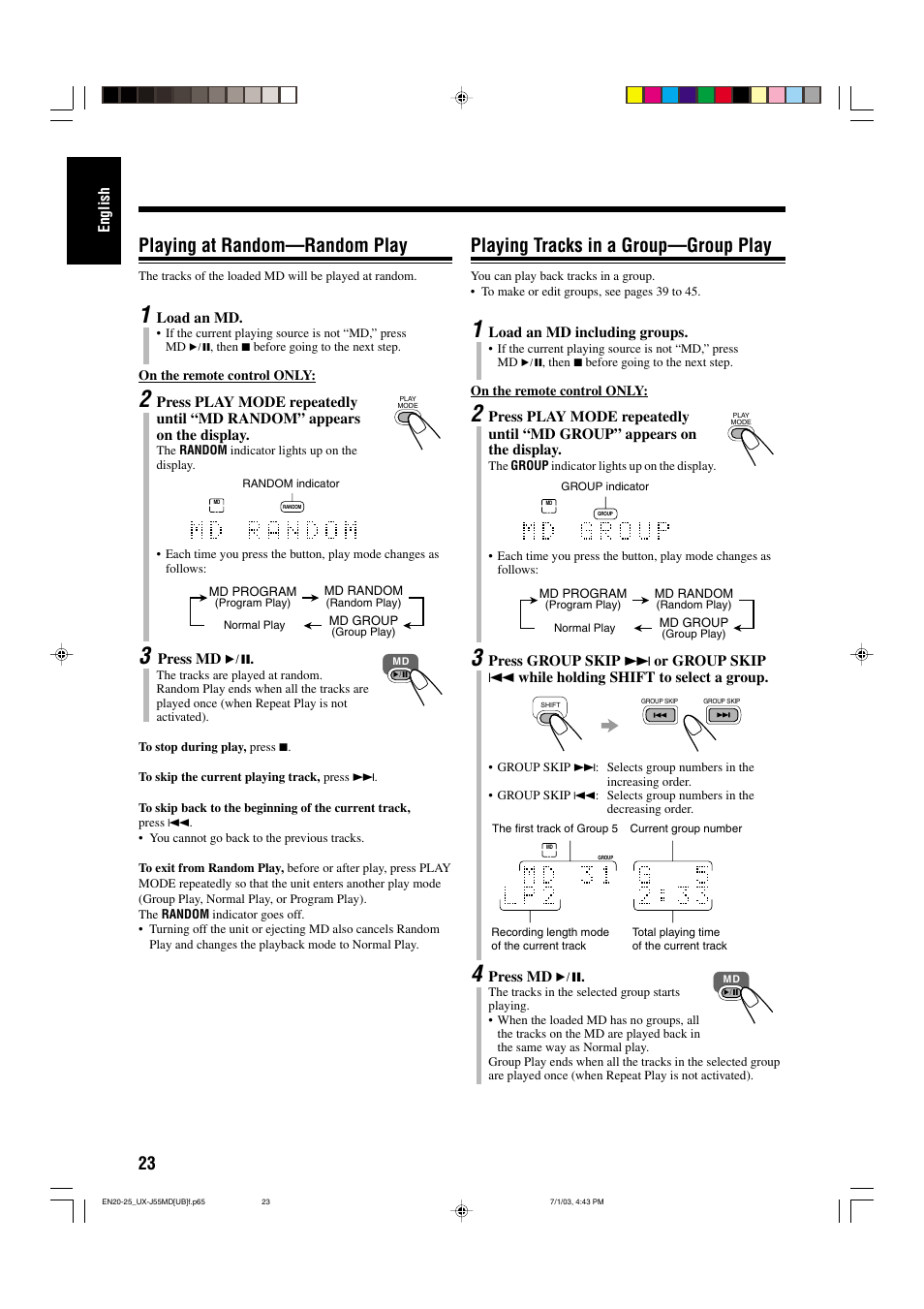 Playing at random—random play, Playing tracks in a group—group play | JVC 0803AIMMDWJEM User Manual | Page 26 / 68