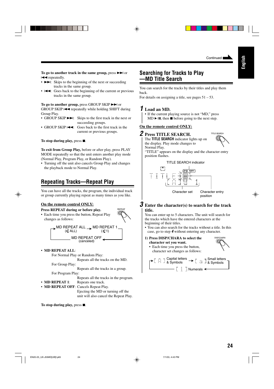 Repeating tracks—repeat play, Searching for tracks to play —md title search | JVC 0803AIMMDWJEM User Manual | Page 27 / 68