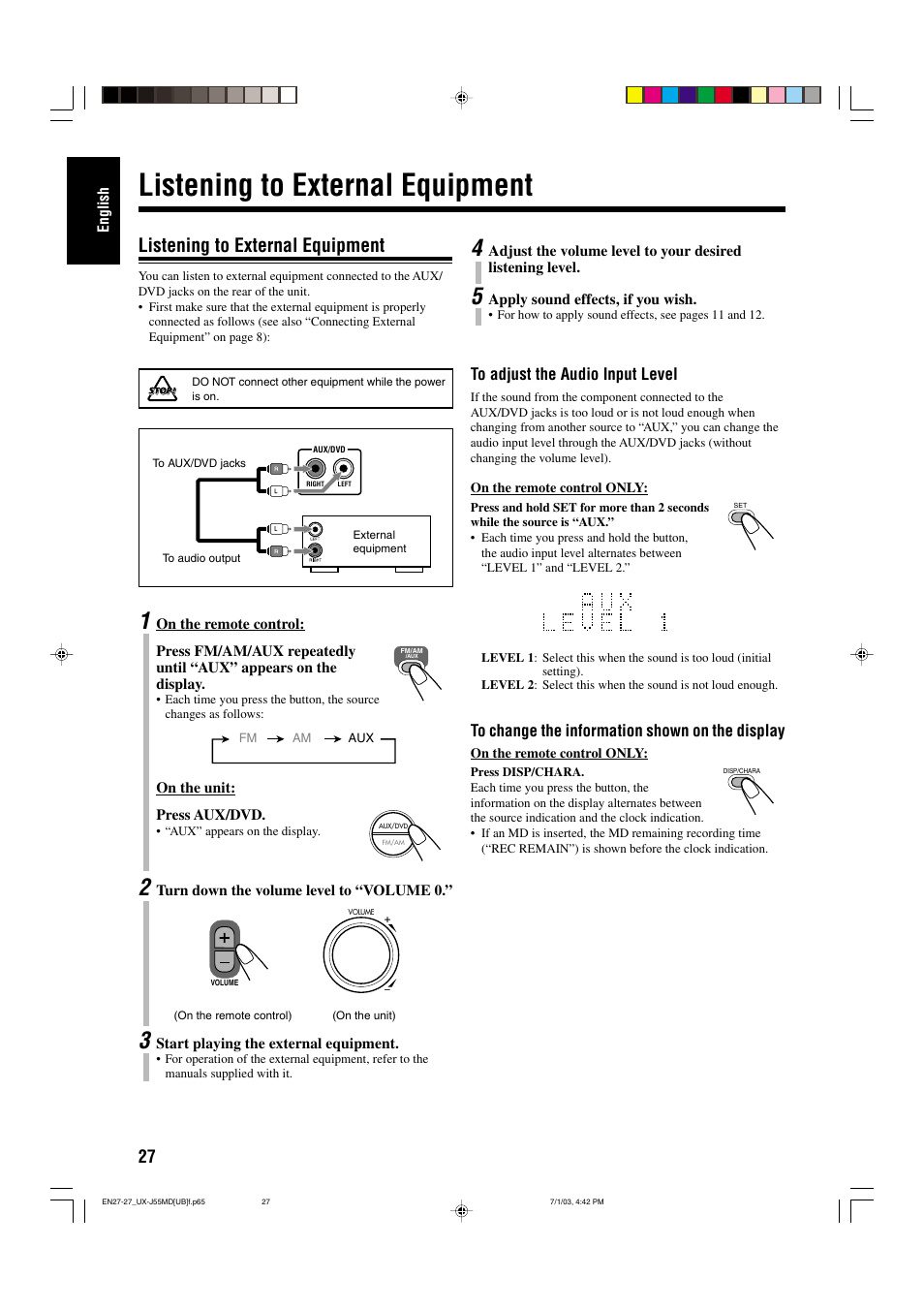 Listening to external equipment | JVC 0803AIMMDWJEM User Manual | Page 30 / 68