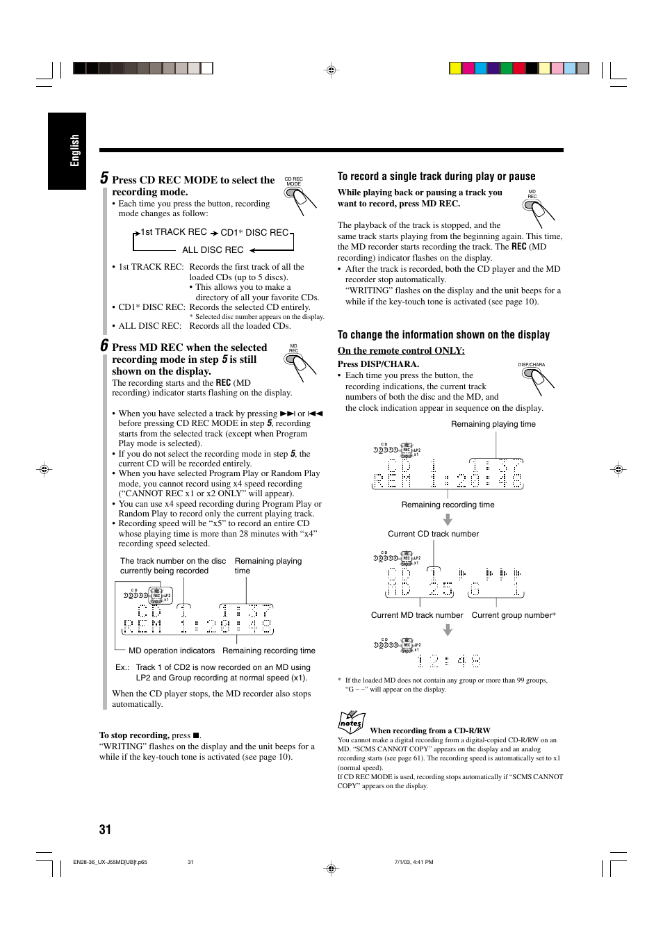 English, Press cd rec mode to select the recording mode, Is still shown on the display | On the remote control only, All disc rec: records all the loaded cds, 1st track rec cd1* disc rec all disc rec | JVC 0803AIMMDWJEM User Manual | Page 34 / 68