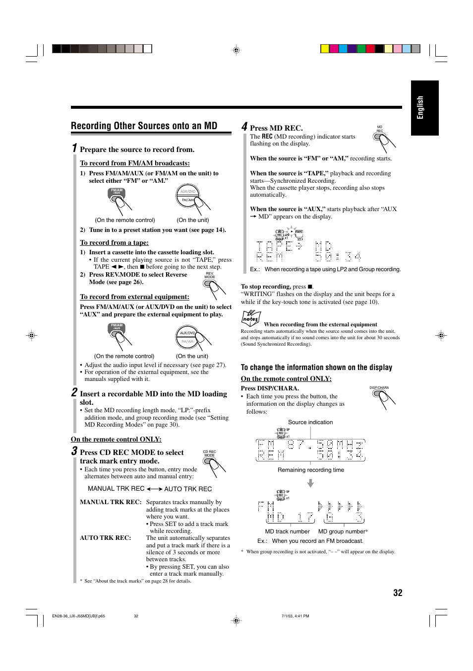 Recording other sources onto an md, English, Press md rec | Prepare the source to record from, Insert a recordable md into the md loading slot, Press cd rec mode to select track mark entry mode | JVC 0803AIMMDWJEM User Manual | Page 35 / 68