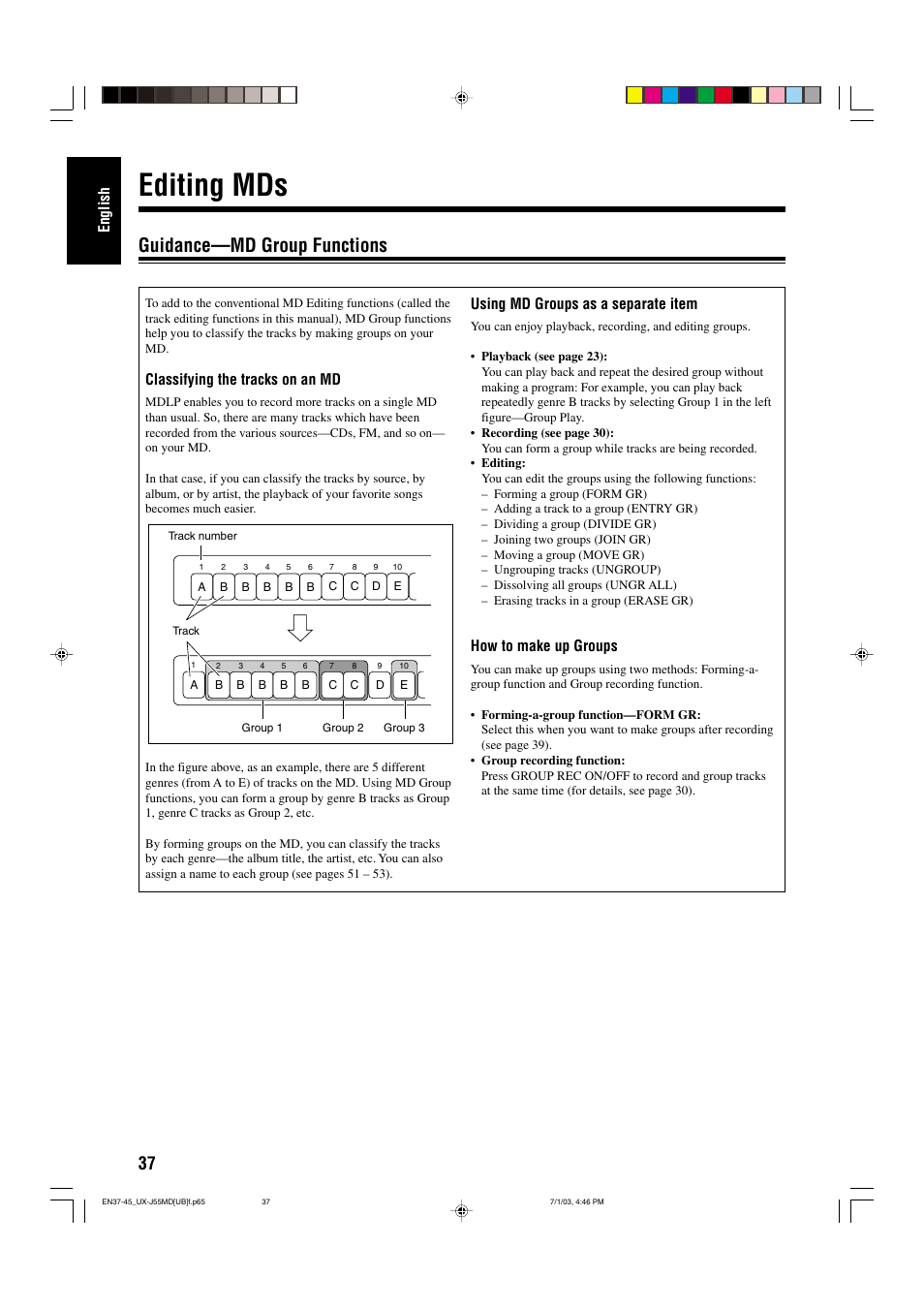 Editing mds, Guidance—md group functions, English | Classifying the tracks on an md, Using md groups as a separate item, How to make up groups | JVC 0803AIMMDWJEM User Manual | Page 40 / 68