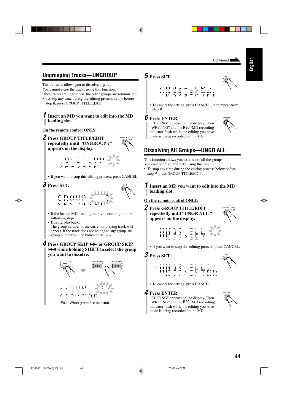 Ungrouping tracks—ungroup, Dissolving all groups—ungr all | JVC 0803AIMMDWJEM User Manual | Page 47 / 68