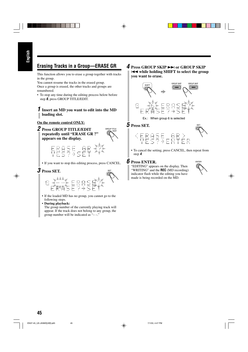 Erasing tracks in a group—erase gr | JVC 0803AIMMDWJEM User Manual | Page 48 / 68