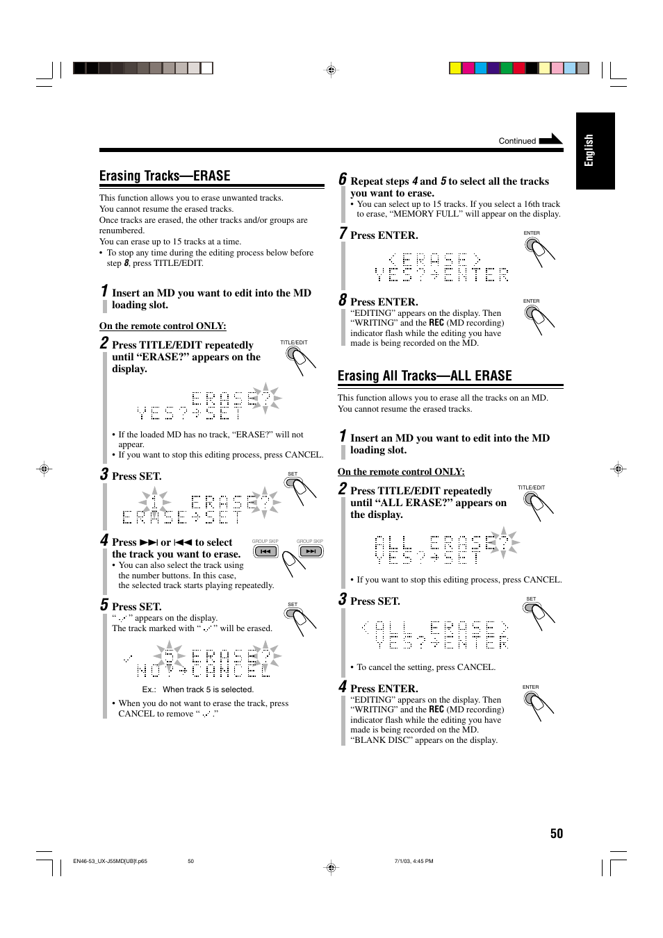 Erasing all tracks—all erase, Erasing tracks—erase | JVC 0803AIMMDWJEM User Manual | Page 53 / 68