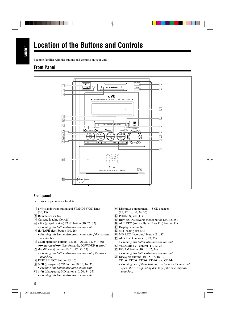 Location of the buttons and controls, Front panel, English | JVC 0803AIMMDWJEM User Manual | Page 6 / 68