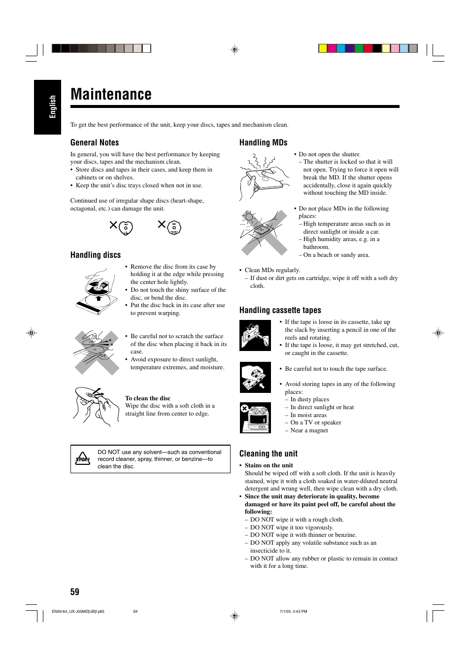 Maintenance, Handling discs, Handling mds | Handling cassette tapes, Cleaning the unit | JVC 0803AIMMDWJEM User Manual | Page 62 / 68