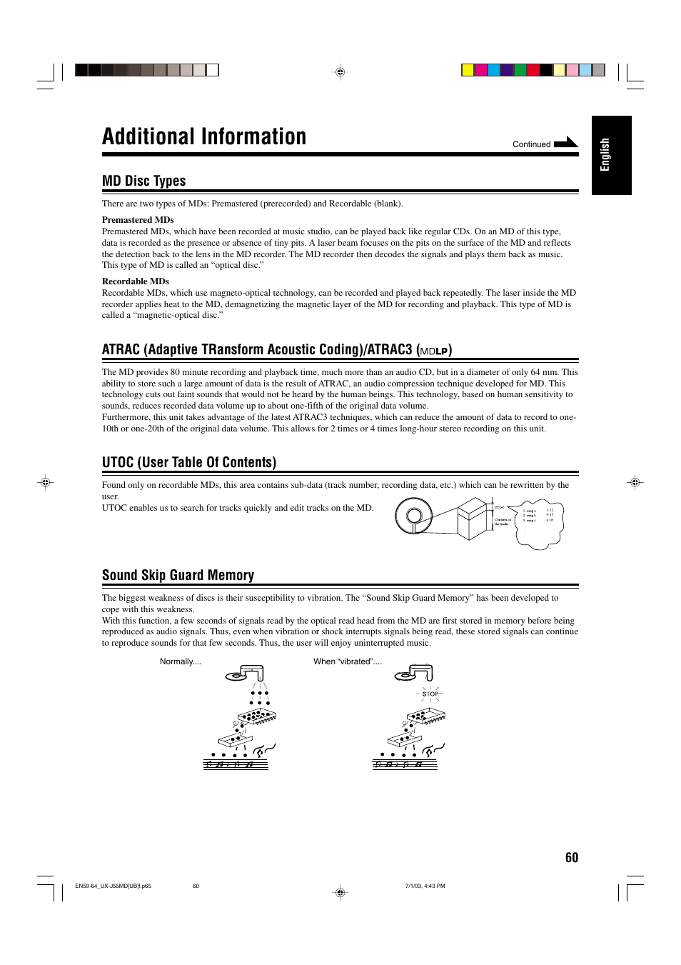 Additional information, Md disc types, Utoc (user table of contents) | JVC 0803AIMMDWJEM User Manual | Page 63 / 68