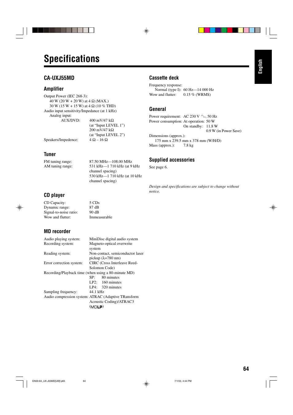 Specifications, Ca-uxj55md, Amplifier | Tuner, Cd player, Md recorder, Cassette deck, General, Supplied accessories | JVC 0803AIMMDWJEM User Manual | Page 67 / 68