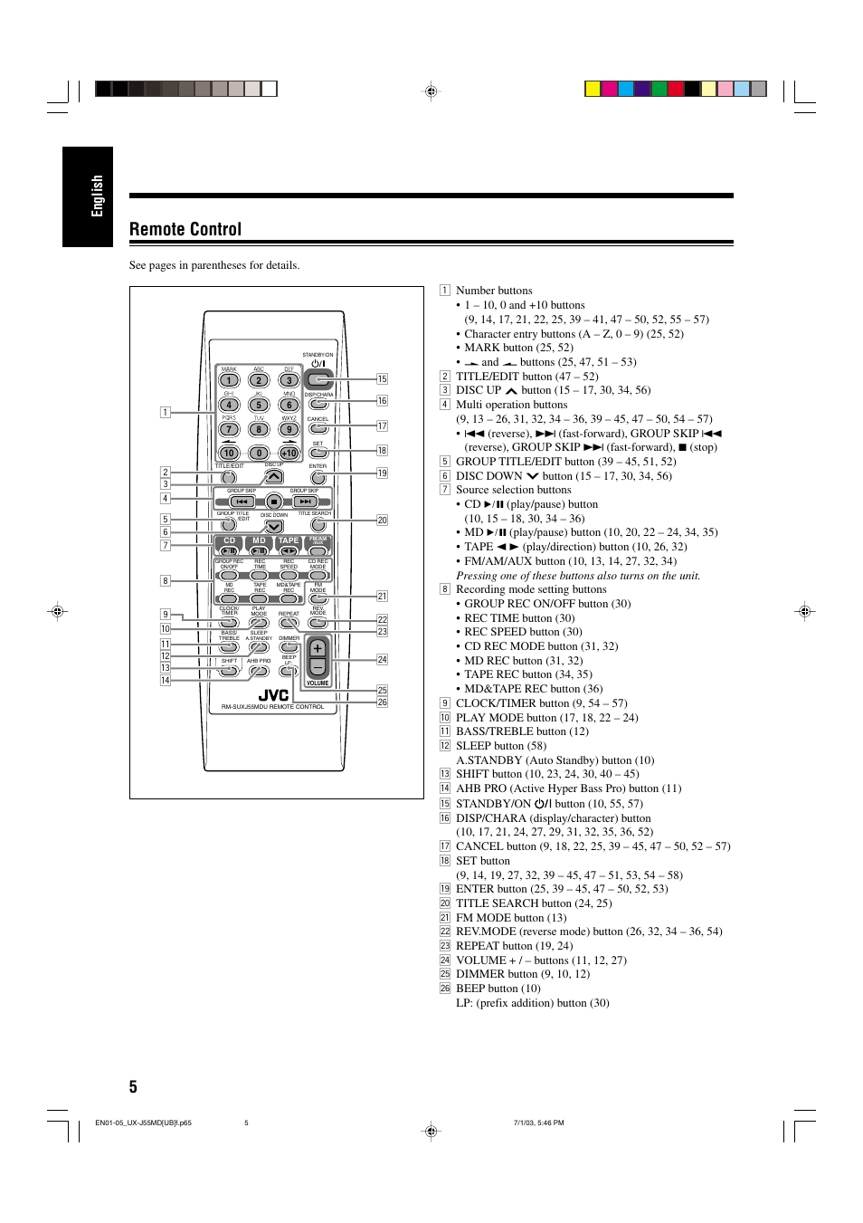 Remote control, English, O; a s | JVC 0803AIMMDWJEM User Manual | Page 8 / 68