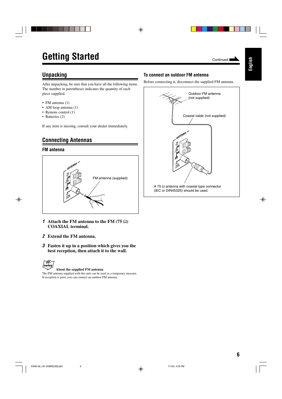 Getting started, Unpacking, Connecting antennas | English, Fm antenna, Extend the fm antenna | JVC 0803AIMMDWJEM User Manual | Page 9 / 68