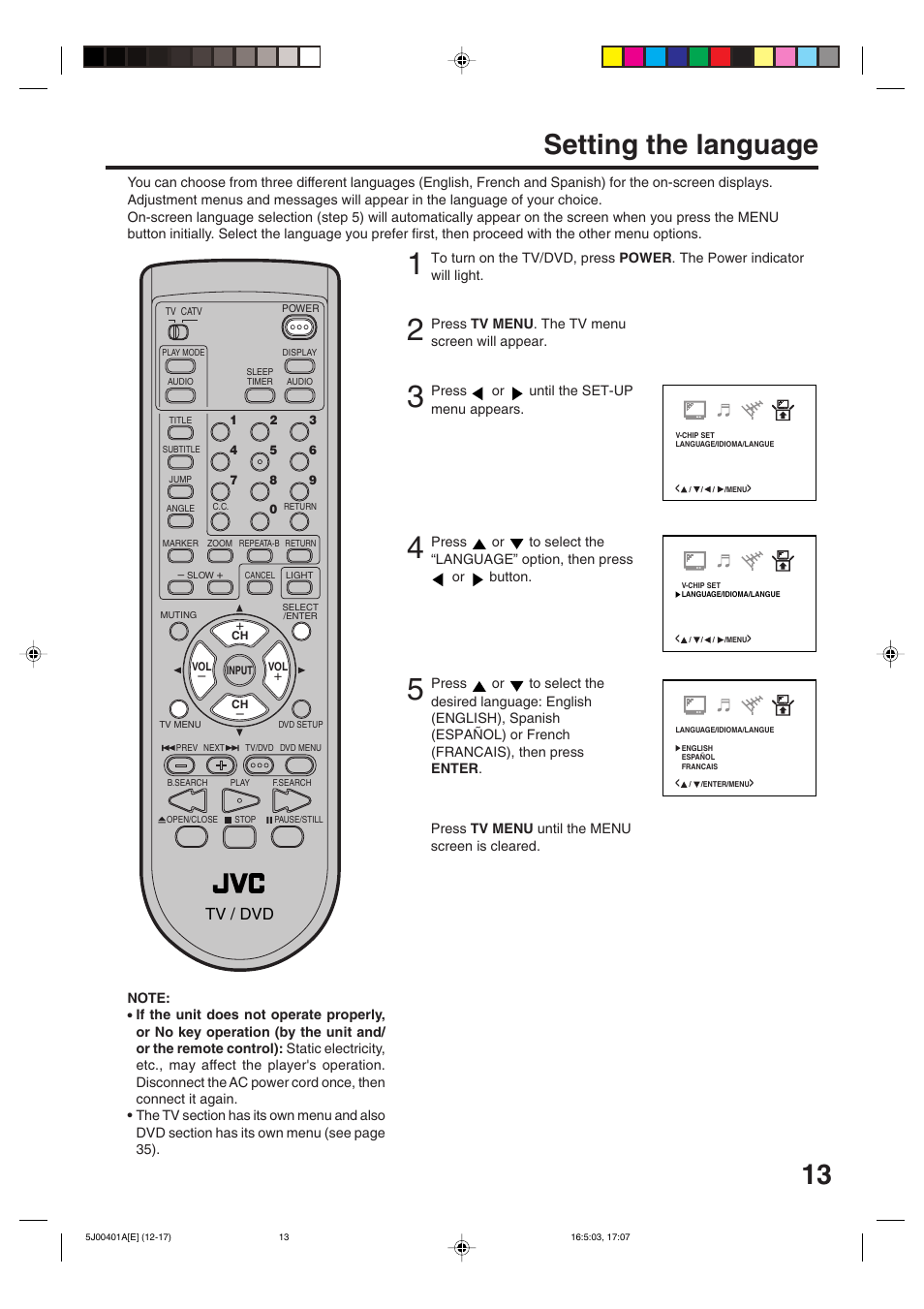 Setting the language | JVC AV-20FD24 User Manual | Page 13 / 50