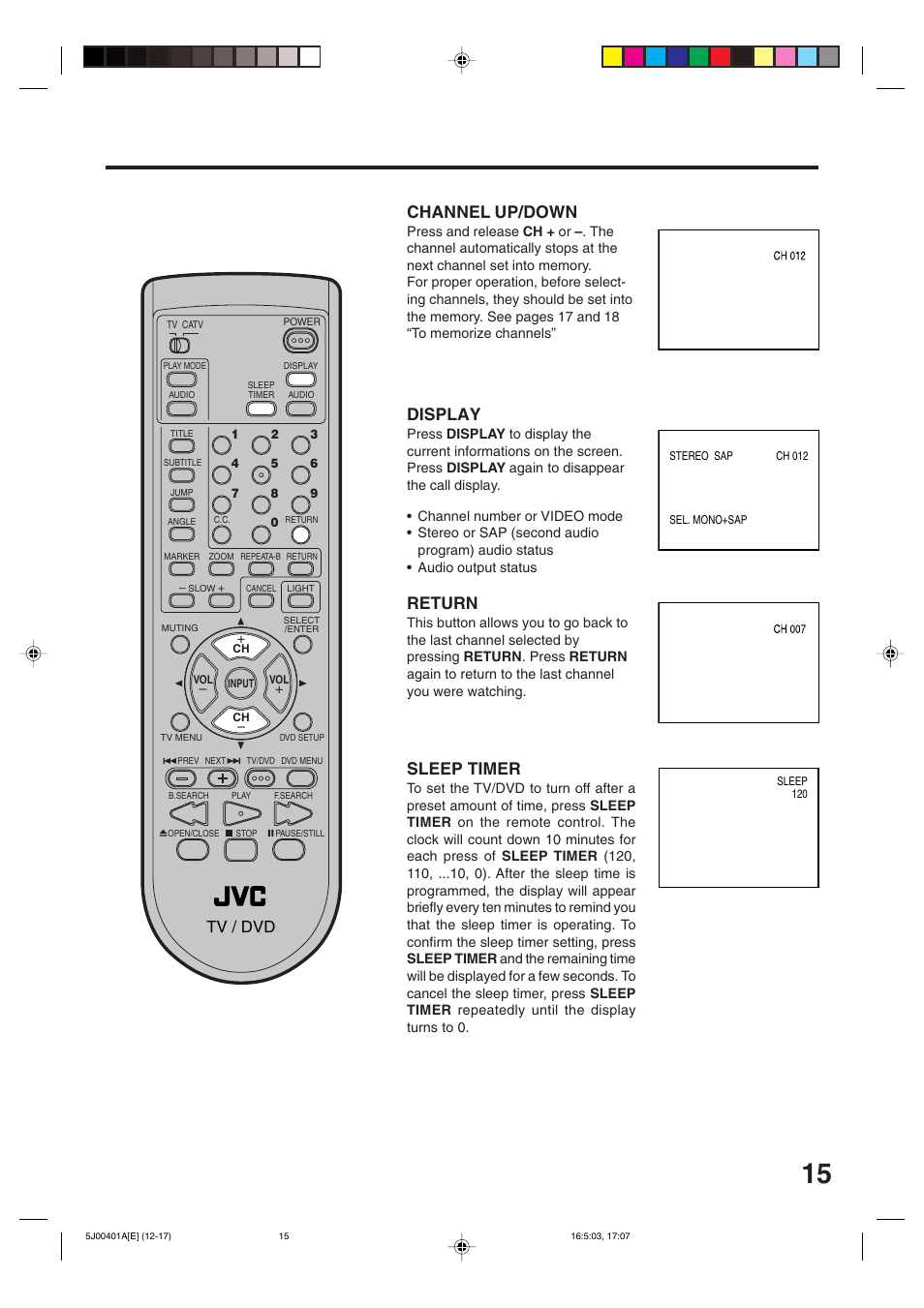 Display, Channel up/down, Return | Sleep timer, Tv / dvd | JVC AV-20FD24 User Manual | Page 15 / 50