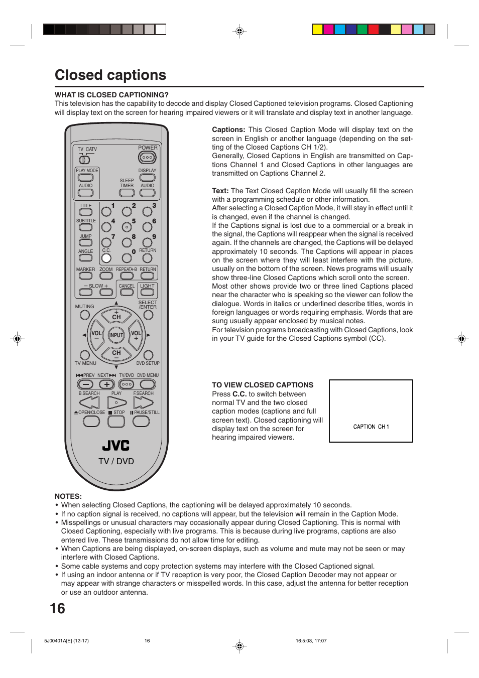Closed captions, Tv / dvd | JVC AV-20FD24 User Manual | Page 16 / 50