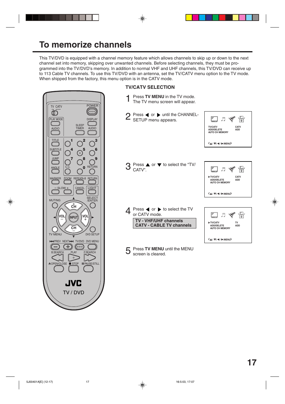 Tv/catv selection, Tv / dvd | JVC AV-20FD24 User Manual | Page 17 / 50