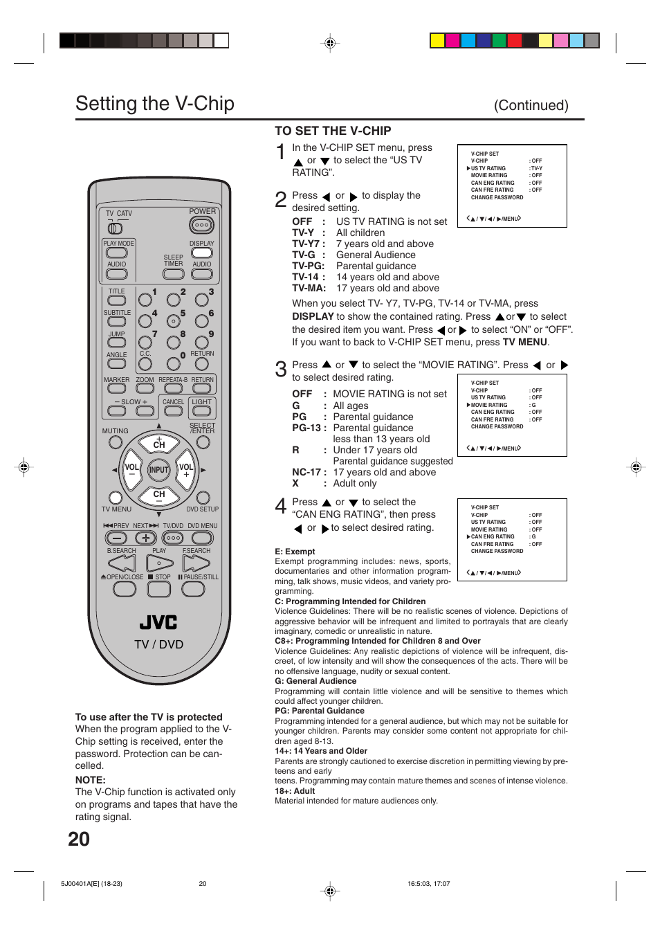 Setting the v-chip, Continued) | JVC AV-20FD24 User Manual | Page 20 / 50