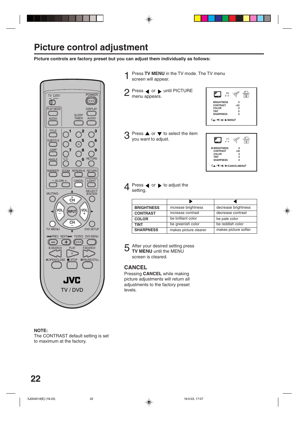 Picture control adjustment, Cancel, Tv / dvd | JVC AV-20FD24 User Manual | Page 22 / 50