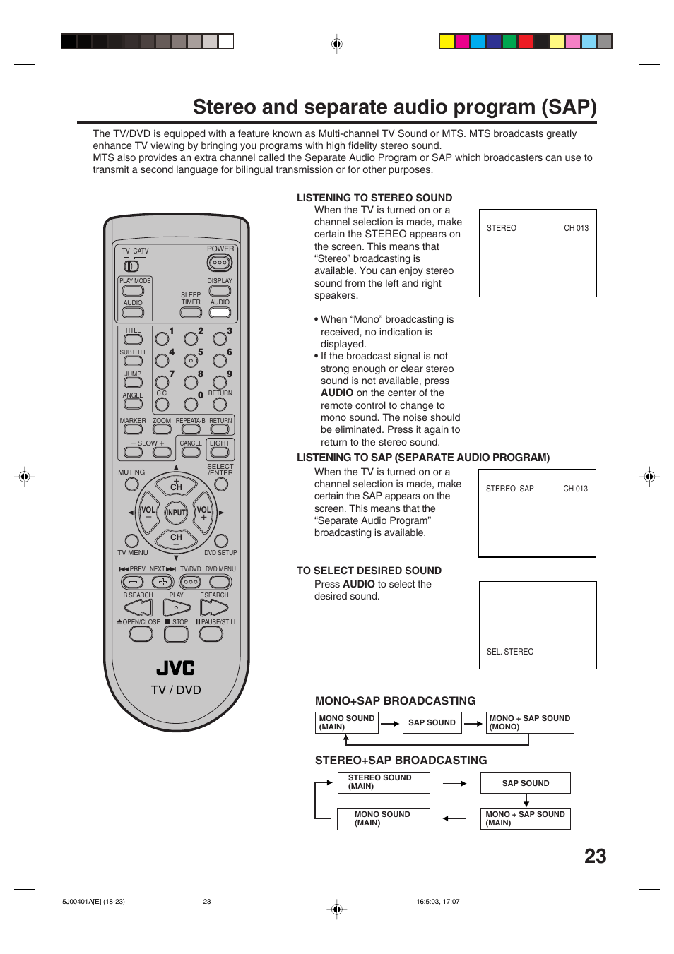 Stereo and separate audio program (sap), Mono+sap broadcasting, Stereo+sap broadcasting | Tv / dvd | JVC AV-20FD24 User Manual | Page 23 / 50